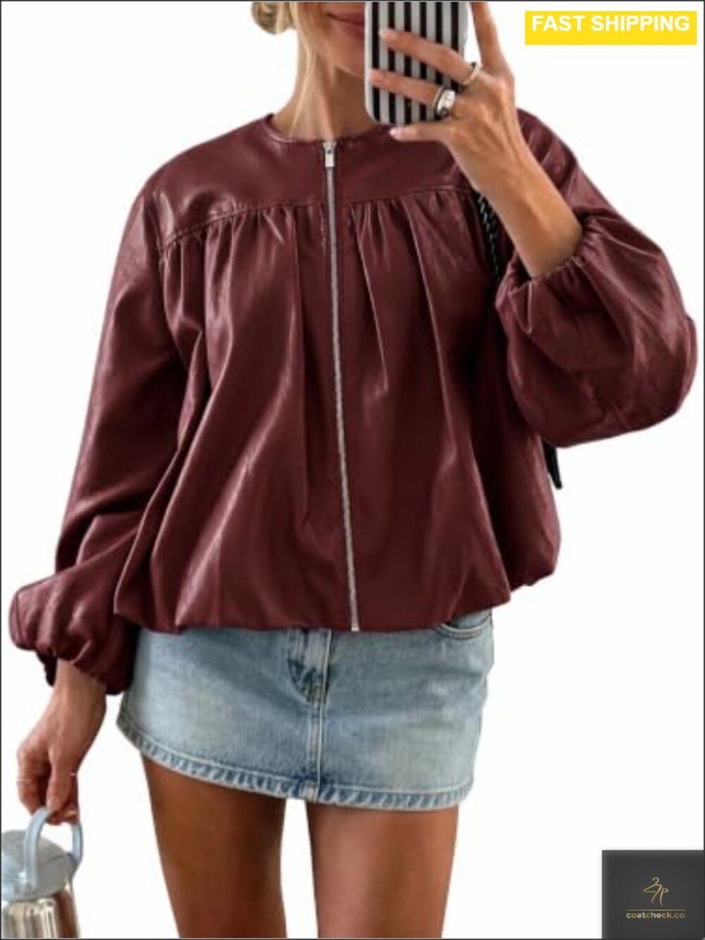 Womens Faux Leather Zip Up Bomber Jacket Bubble Hem Cropped Coat